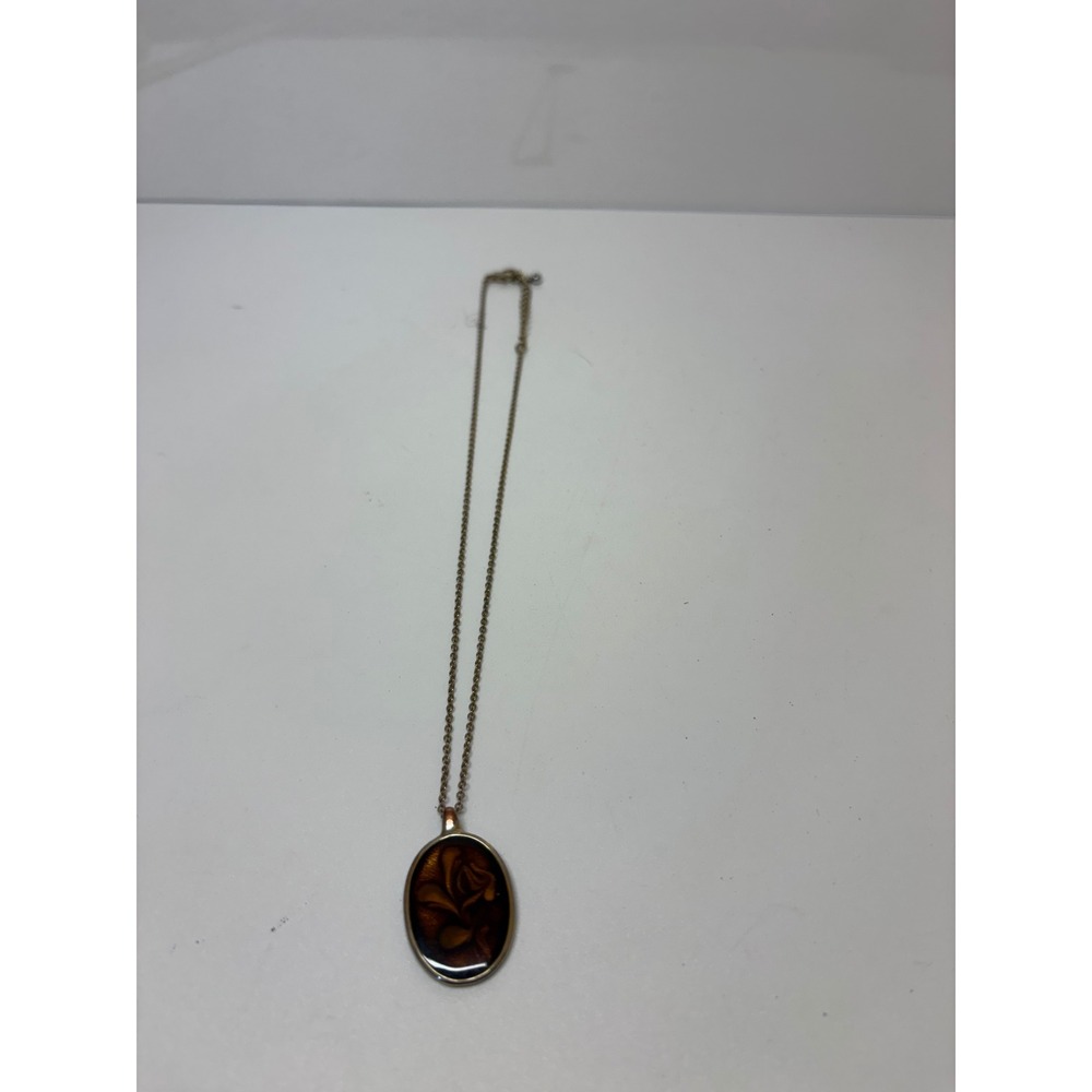 Vintage Oval Enamel Swirl Pendant Necklace Brown Amber Tone Retro 18 Inch Chain